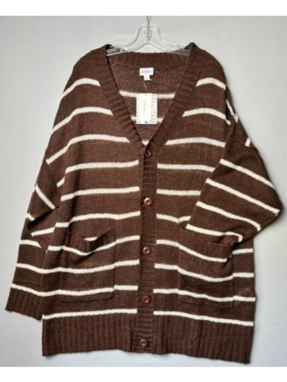 LulaRoe Women's L Brown Cream Striped Oversized Cardigan Sweater Boho Coastal